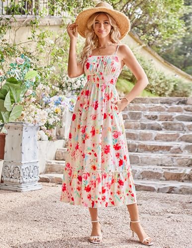 Image of GRACE KARIN Summer Dresses for Women 2026 Vacation,Smocked Floral Maxi Dresses,Boho Beach Long Sundress Red White Floral S