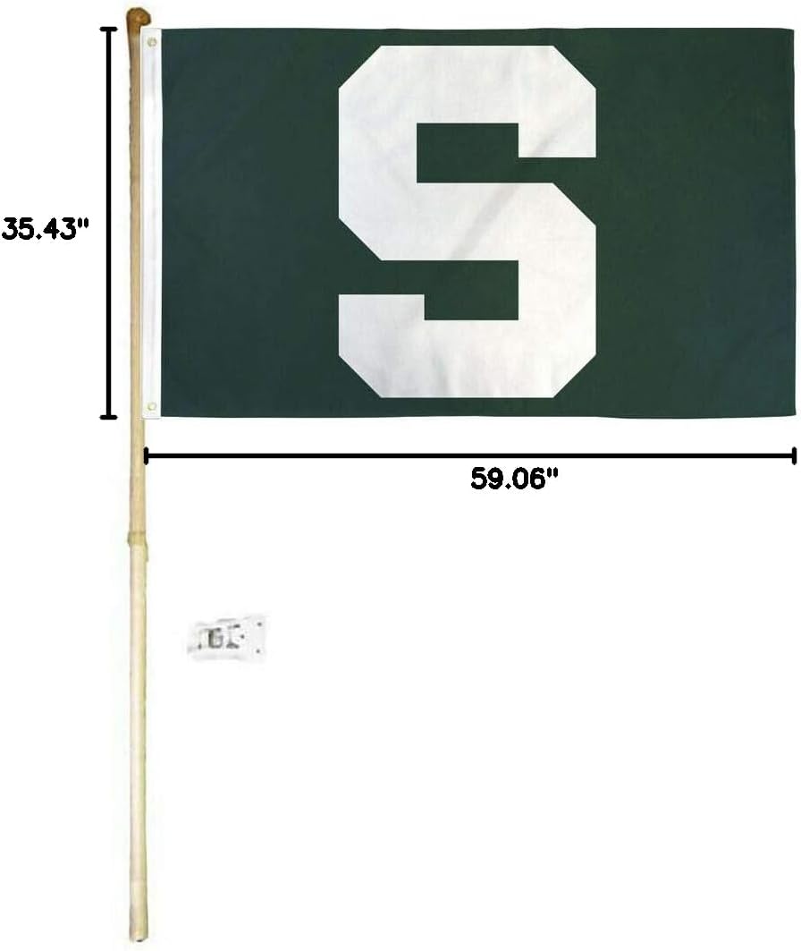 MWS 5' Wood Pole Kit Bracket with 3x5 MSU Spartans Green S Flag Polyester Nylon 3'x5' House Banner 90cm x 150cm Grommets Double Stitched Premium Quality