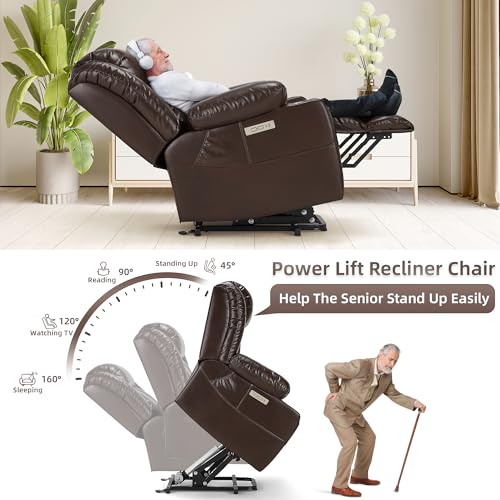 Outspurge Power Lift Recliner Leather Chair Sofa with Massage & Heat, Lazy Boy Chair with Cup Holders, USB & Type-C Ports, Remote Control (Brown)