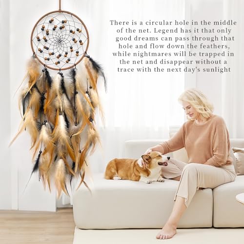 Large Feather Dream Catcher Handmade Native American Dream Catchers Bohe Wall Hanging Decoration Ornament for Kids Bedroom Car Decor Home Decoration Birthday Party Brown - Image 6