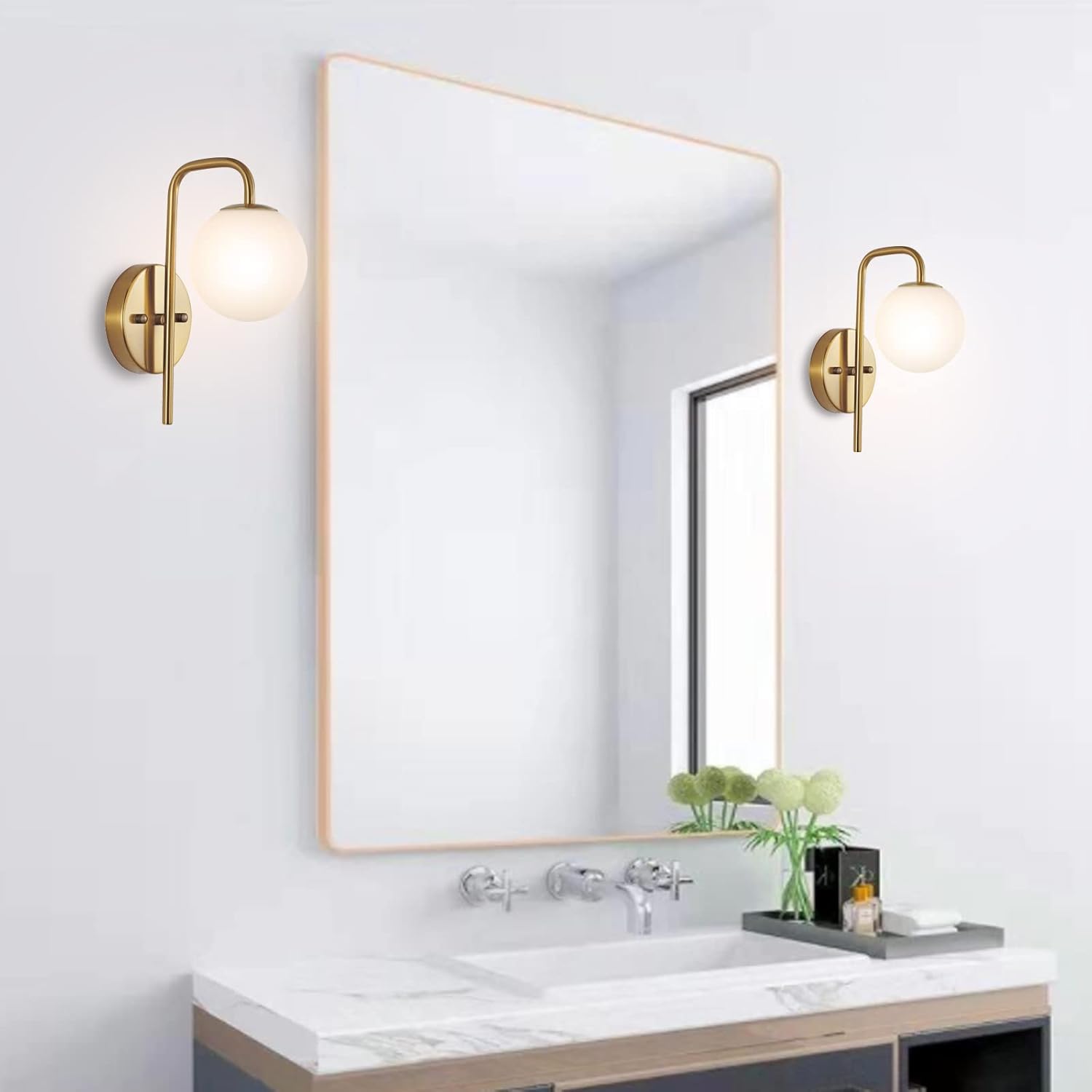 Modern Gold Globe Wall Sconce Set of 2 Industrial Mid Century Bathroom Vanity Wall Light with White Globe Glass Shade Brushed Brass Wall Lamp for Restaurant Living Room Bedside