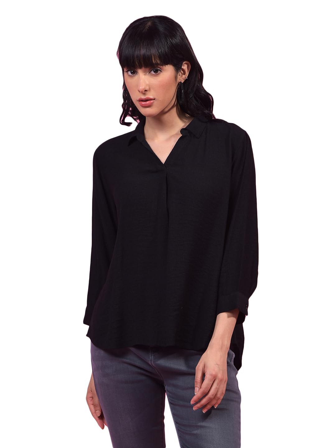 crimsoune club Women's Black Textured 3/4th Sleeves Linen Top-picture-16