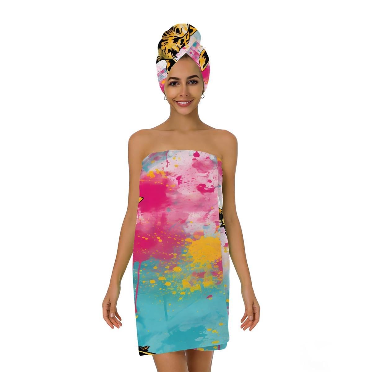 Mikrofaser-Duschtuch für Damen, mit Haarhandtuch, Aquarell-Giraffe, weiche Körperwickel, Kleid mit Haartrocknungskappe für Strand, Pool, Spa, 2 Sets