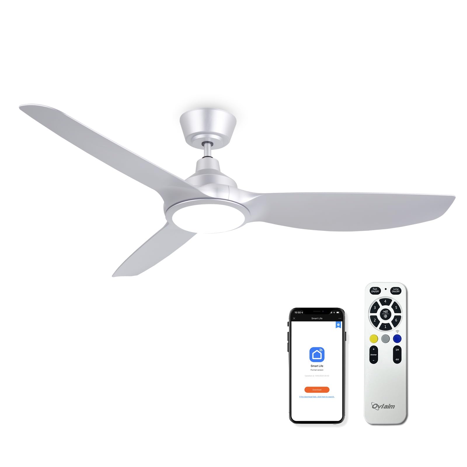 Ovlaim 132cm Silent DC Motor Smart Ventilador de techo con luz y mando a distancia, App, control de voz, ventiladores de techo modernos de plata de alta CFM para el hogar y la oficina