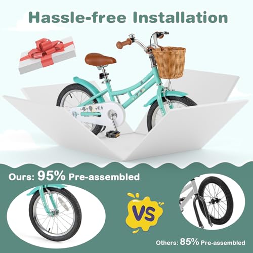 Image of BABY JOY Retro Kids Bike, 12 14 16 18 Inch Child Bike for 3-8 Years Old w /Rattan Basket, Adjustable Height, Training Wheels, Fenders, Handbrake Coaster Brake, 95% Pre-Assembled Kids Bicycle for Girls