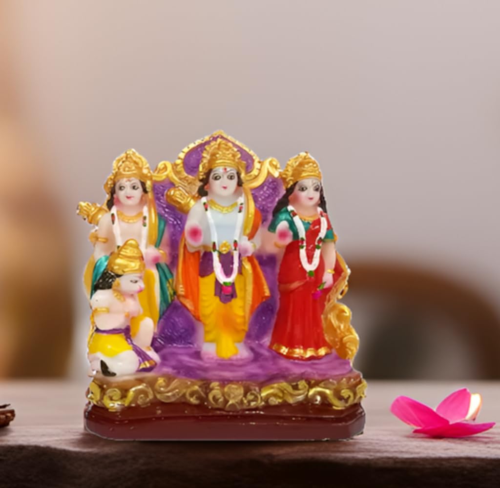 Purpledip Resin Majestic Statue: Ram Darbar with Rama, Sita, Lakshman, & Hanuman (12709), Multicolor