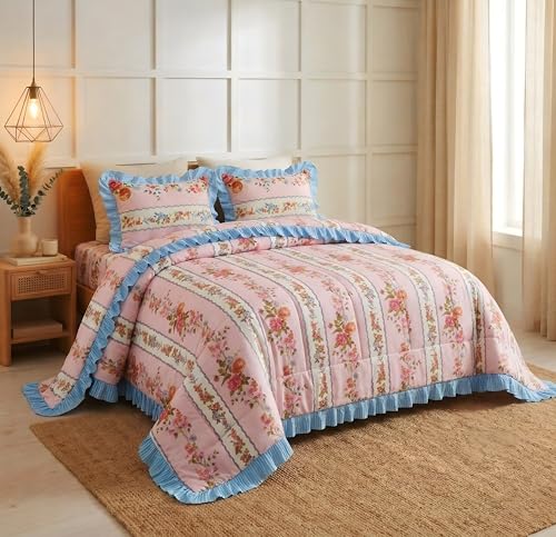 Image of SANMARINO Premium Cotton Double Bed 4 Piece Bedding Set with Frill Border | Comforter with Matching Bedsheet and Pillow | Ultra Soft & Lightweight Quilted Comforter Set |228x228 cm, Rose Garden Pink