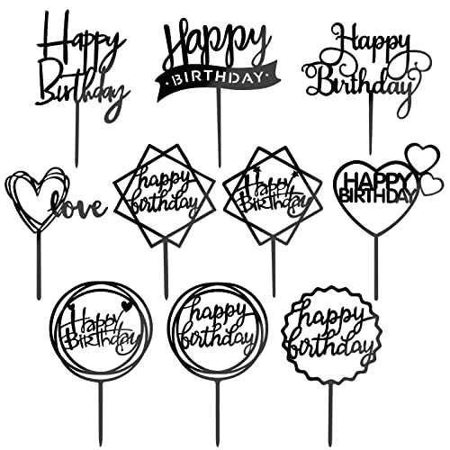 MOGADEE® 10 Stück Schwarz Happy Birthday Tortendeko Set, Acryl Glitter Cupcake Topper, Girlande Herze Sternen Cake Topper, Happy Birthday Kuchen Deko für Mädchen, Kinder, Hochzeit, Mutter(Schwarz)