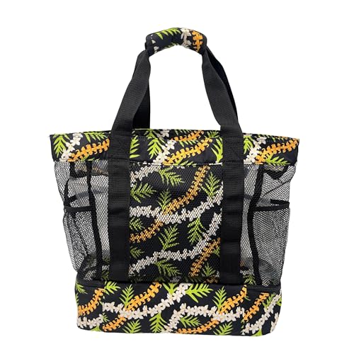 Mesh Beach Tote Bag with Tropical Floral Print, Black with Orange and White Flowers, Large Capacity