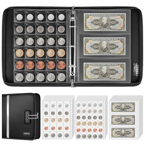 Coin Collection Book Holder for Collectors, Fireproof Coin Collection Supplies with Lock, 320 Pockets Coins Album and 36 Currency Album Storage Organizer, Coins Collector Gifts for Bill, Penny, Black