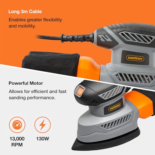 VonHaus Detail Sander - 130W Electric Sander for Wood with Dust Collector, 12PCS Sandpaper - 13000RPM, Compact & Ideal for Tight Space Sanding, Home Improvement - Ergonomic Design Handle - Image 5