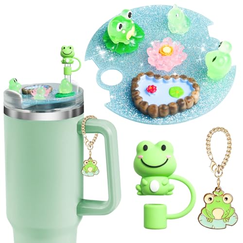 Accessories Compatible with Stanley Cup Lid, Fit for 40 oz Stanley Lid Charms Decor, Silicone Straw Topper Cover Cap, Cute Charms for Stanley 30&40 Oz Tumbler with Handle (Frog)