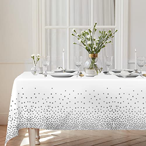 2Pcs White and Silver Dotted Confetti Party Table Cloth 54 * 108 inch Large Plastic Waterproof Table Cover Rectangular Tablecloth for Birthday,Baby Shower,Wedding,Picnic,Party Decoration - Image 4
