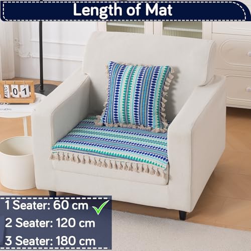 Image of HOKIPO 'Artisan Boho Series' Sofa Cover Mat with Tassel | 450 GSM Cotton Acrylic Jacquard for 1 Seater Sofa, Royal Blue (IN-901-A2*S)