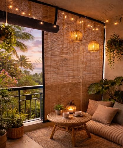 Image of Waterproof Bamboo Curtains for Balcony Roller Rollup Blinds Bamboo Chick Curtain, Rain, Sunlight Solution, Cold Air Protection, Window,Door (Color-Brown,3ft x 9ft (W x H)