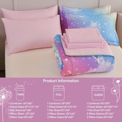 Image of Dinjoy Girls Comforter Set 5 Pieces, Twin Size Colorful Ombre Rainbow Bedding Set, Bed in A Bag for Kid Teen Girls (1 Comforter, 1 Flat Sheet, 1 Fitted Sheet, 1 Pillow Shams, 1 Pillowcases)