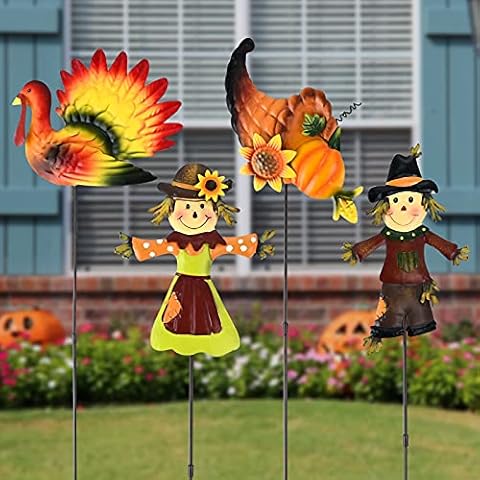 ALLADINBOX Thanksgiving Yard Stakes Set of 4, Pumpkin Turkey Scarecrow Designed Metal Stakes, Fall Thanksgiving Autumn Garden Outdoor Decoration Cover
