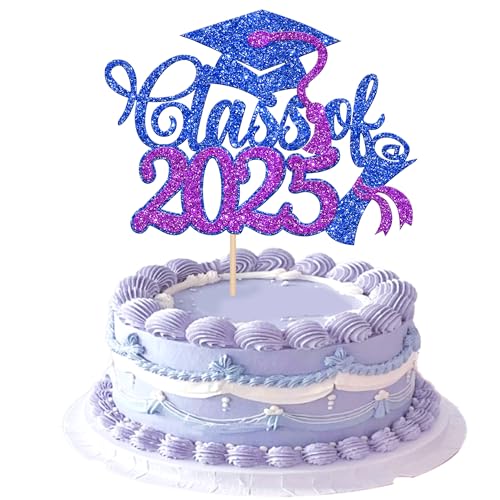 Rsstarxi 1 Pack 2025 Graduation Cake Topper Glitter Congrats Class of 2025 Grad Cap Diploma Cake Pick for Congrats 2025 Graduation Theme Party Cake Decorations Supplies Blue Purple
