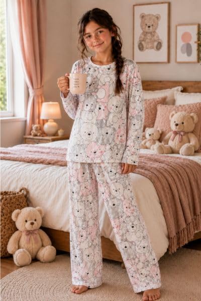 Image of TotzTouch Girls Printed Pyjama Set | Full Sleeve Top with Wide Leg Pyjama Pants | Stylish Cotton Co-Ord Nightwear Set for Kids
