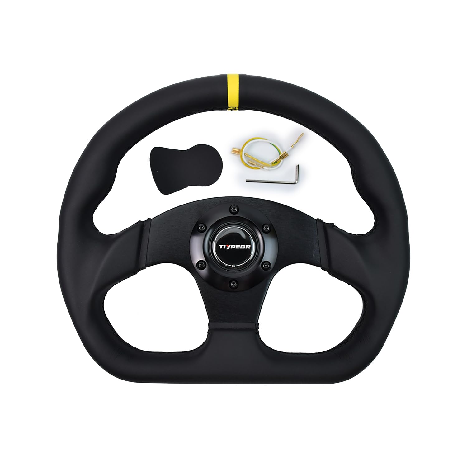 Tiypeor 13'' Racing Steering Wheel 320mm Black Microfiber Leather, D-Shaped Rim with Flat Spoke, Horn Button & Wiring Kit, Universal 6-Bolt Fit