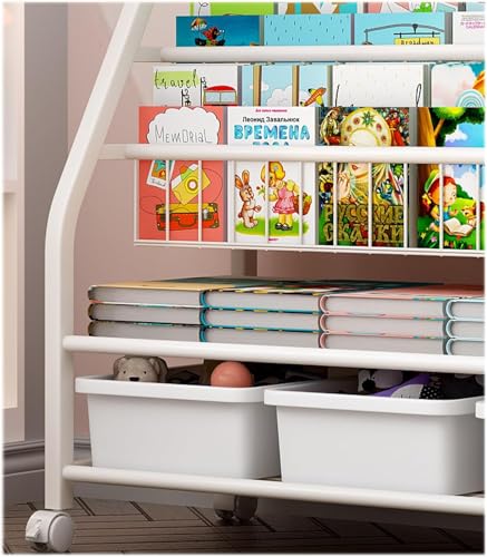 رف كتب للاطفال مع منظم تخزين الالعاب معدني كبير 8 صناديق العاب وكتب 2 في 1 عجلات لغرفة الاطفال والحضانة وغرفة اللعب النوع C