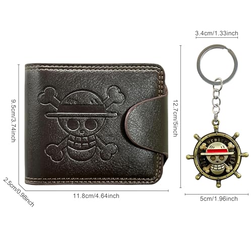 OP Bifold Wallet for Men, Straw Hat Luffy Skull Wallet and Keychain, Anime Fan Stylish Merch Gifts Dark Brown3