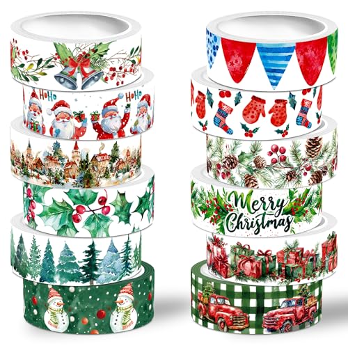Christmas Washi Tape Set,12 Rolls Floral Watercolor Plants Decorative Tape Santa Claus Snowman Gift Masking Tape for Journaling Supplies,Journal, Scrapbooking,DIY Arts & Crafts,Gift Wrapping