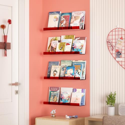 Image of upsimples 4 Pcs 15 inch Acrylic Shelves for Wall Decor and Display, Red | Cute Floating Shelf for Perfume, Skincare, Nail Polish, Wall Organizer for Bedroom, Living Room, Playroom, Room Decor