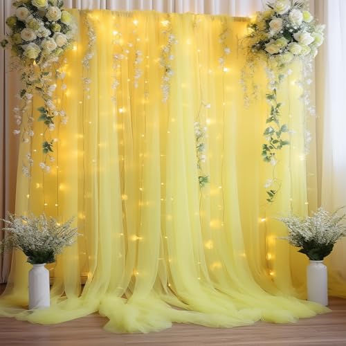 108ft Yellow Tulle Curtain Backdrop with Lights String for Parites Sheer Backdrop Curtain Drapes for Wedding Photo Baby Shower Photography Birthday Party