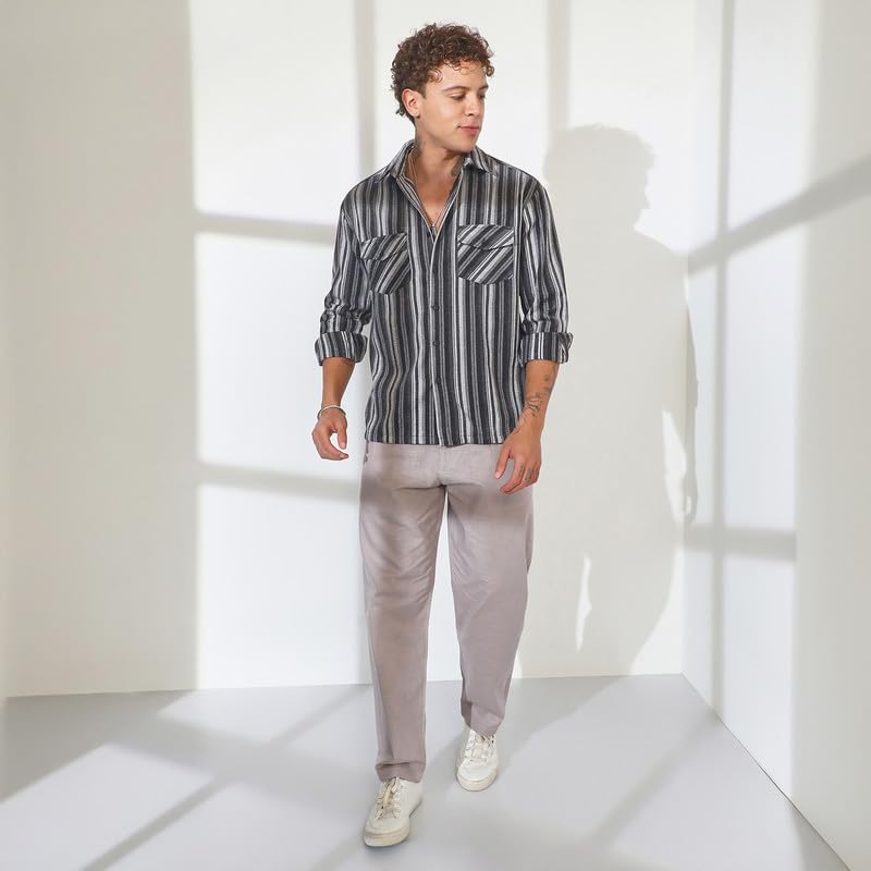 Image of CAHOOT Men's Multitrack Striped Oversized Shirt for Casual Wear | Spread Collar | Long Sleeve | Button Closure | Oversized Shirt Crafted with Comfort Fit for Everyday Wear
