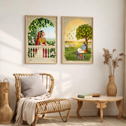 Image of TheMakerly Traditional Indian Wall Painting Set of 2 | Radha Krishna Wall Art Frames | Vintage Religious Wall Decor for Living Room Bedroom Home Temple (KR02, 13x19 inches)