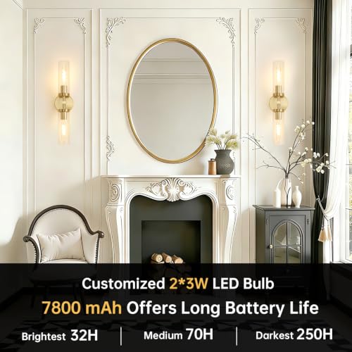 Image of Shenmoyl Set of 2 Wall Sconces, 7800 mAh Battery Operated Wall Sconce with 3 Colors & Remote Control, Gold Rechargeable Wall Lamp with Clear Glass Shade for Bedroom, Bathroom, Living Room, Hallway