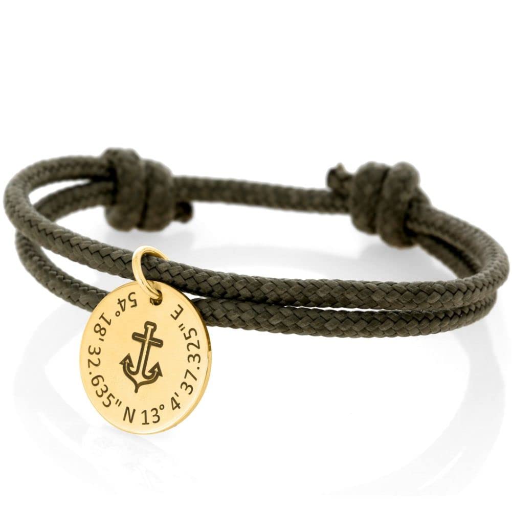 Surfer Armband mit Gravur Anhänger khaki Anker Motiv