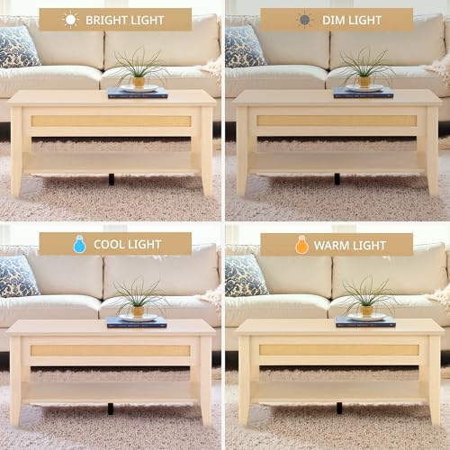 Image of Ink+Ivy Wood Lift Top Coffee Table with Hidden Compartment and Large Storage Shelf, Boho Modern Rattan Dining Rectangle Center Table for Home Living Room Office, 34.5 inch W, Natural
