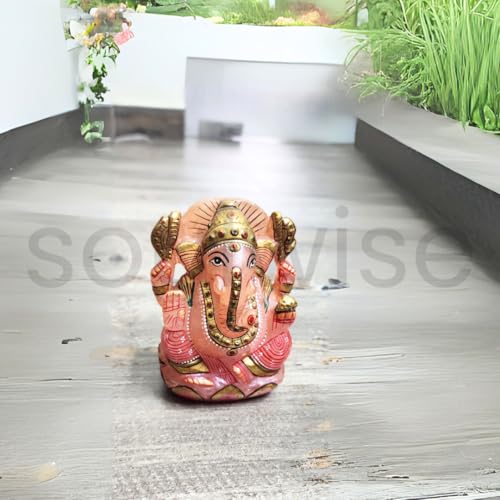 Image of Soulwise Ganesha Statue 12 cm Hand Painted Rose Quartz Stone Idol 600 g for Home Decor Spiritual Gifting Wealth Love and Positivity