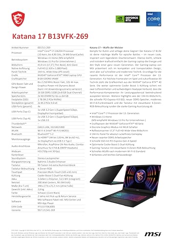MSI Katana 17 Gaming Notebook, 43,9 cm (17,3 Zoll) FHD, 144 Hz, Intel Core i7-13620H, 2x8GB RAM, 1 TB SSD, RTX 4060 8 GB, Windows 11 Home, QWERTZ Tastatur, Schwarz, B13VFK-269 – Bild 6