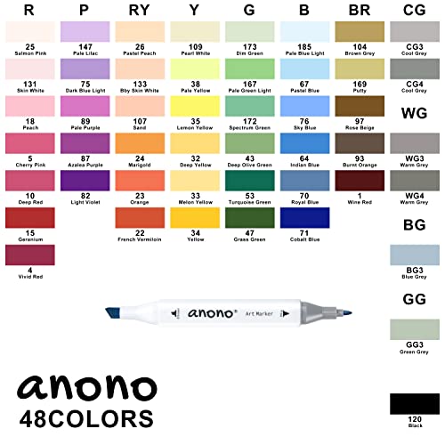 Anono 48 Colors Alcohol Marker Dual Tip Marker Permanent Marker Set Artist Markers With Carry Bag For Kids Adults Coloring Drawing, White Penholder #TOP3