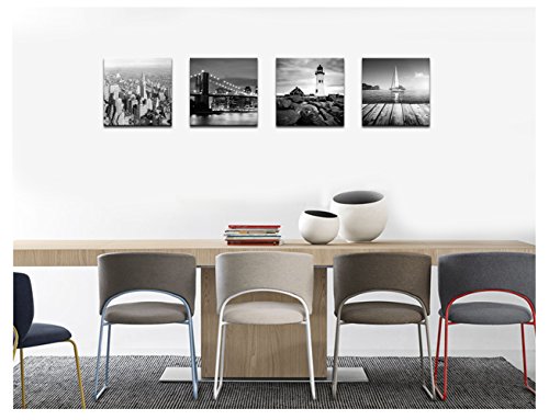 Sechars 4 Piece New York Canvas Print Black And White Brooklyn Bridge Empire State Building Portland Head Lighthouse Pictures Painting City Landscape Wall Art For Bedroom Decor Framed Ready To Hang #TOP4