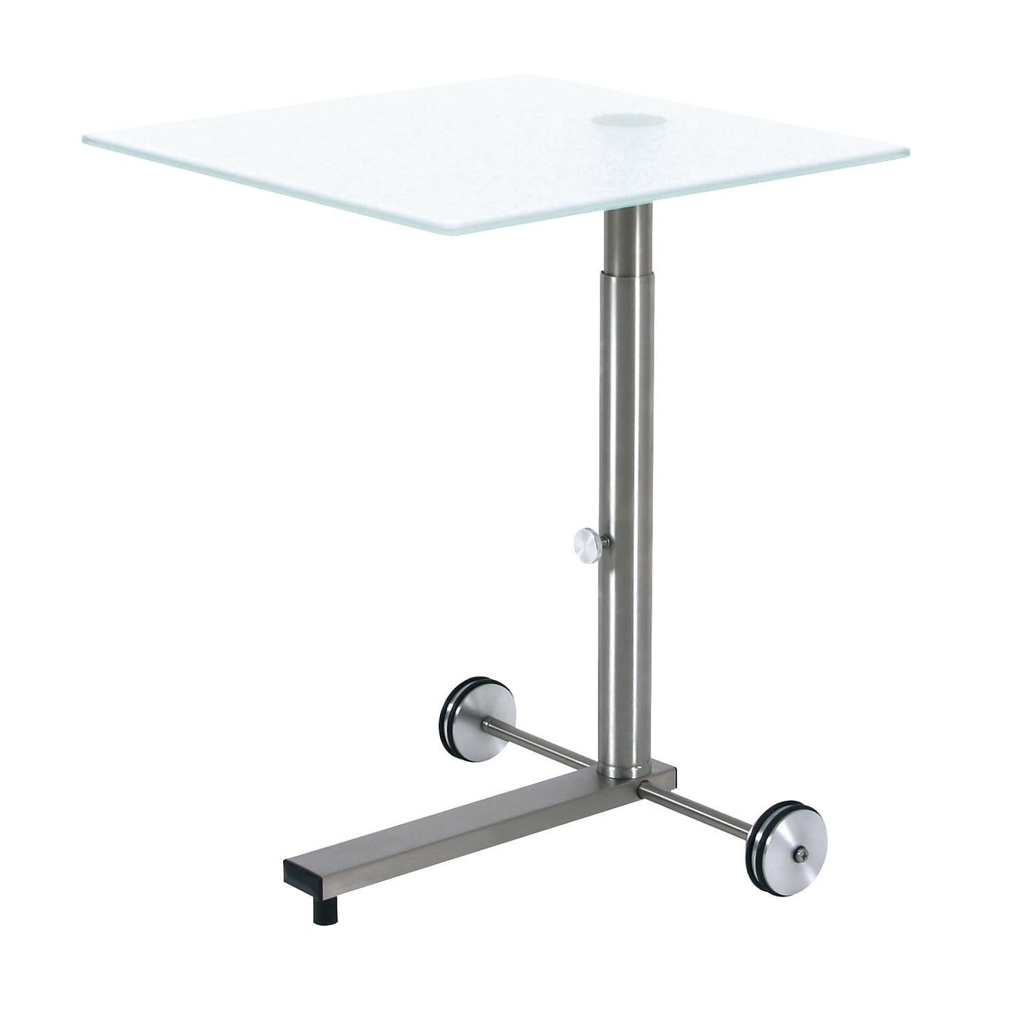 Ebinger Couch- und Beistelltisch in Edelstahl höhenverstellbar und fahrbar 450x450 mm Satinierter ESG-Sicherheitsglasplatte Tischhöhe max. 650 mm P739.35.6