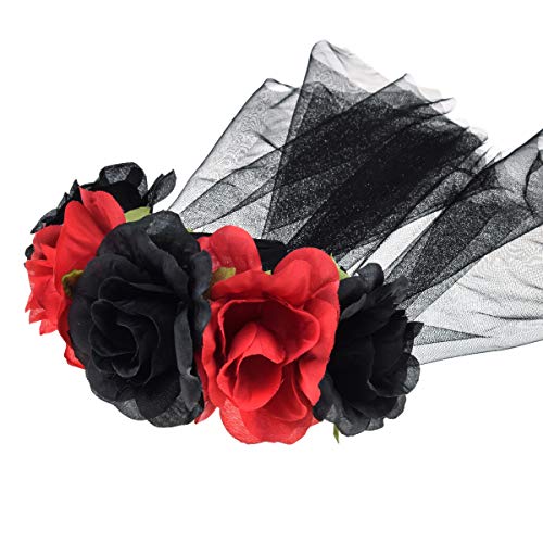 Funsveta Halloween Rose Flower Headband Day Of The Dead Flower Headpiece With Black Veil Costume Cosplay (Black And Red) #TOP2