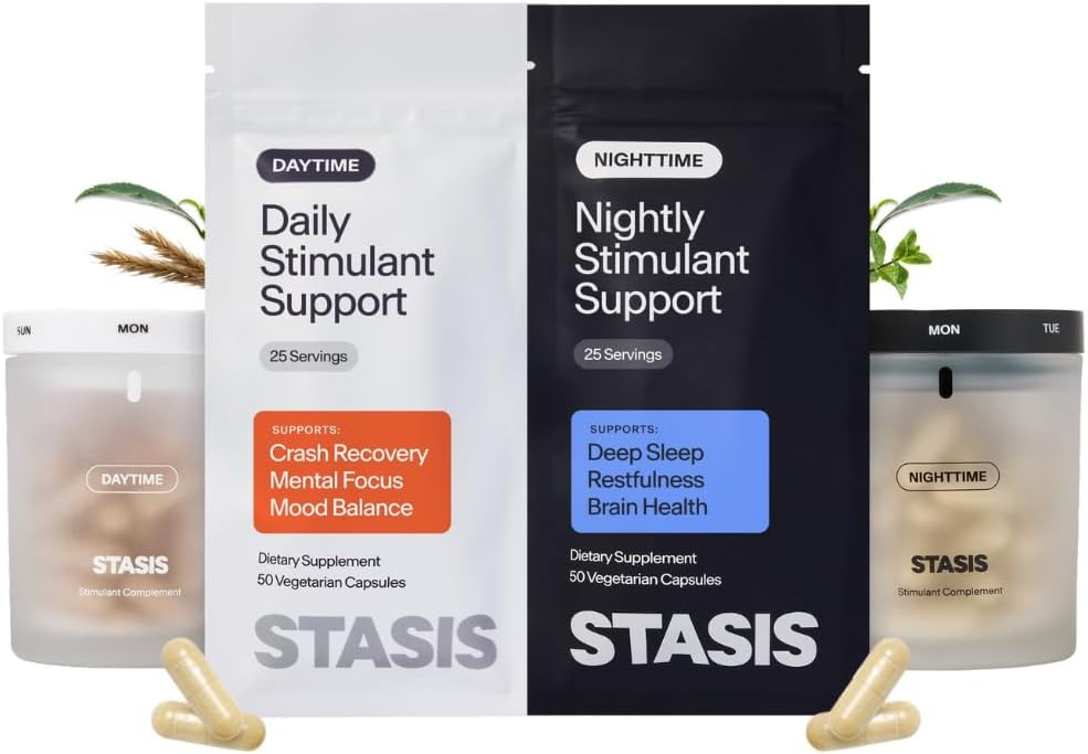 Stasis Day & Night Supplement Set for Men & Women with L Theanine, Ashwagandha, Magnesium, Melatonin & CoQ10, Energy & Focus Support Capsules, Vegan, 50 Servings, 25 Day & 25 Night, 1 Month Supply