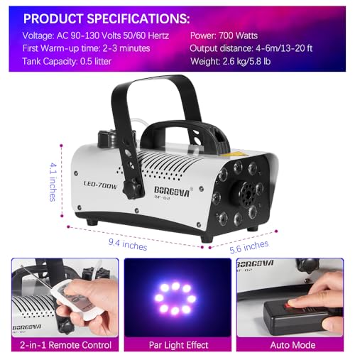 Fog Machine 700W with 8 LED Par Lights, Wireless Remote, and Auto Mode - Ideal for Parties, Halloween, and Stage Effects