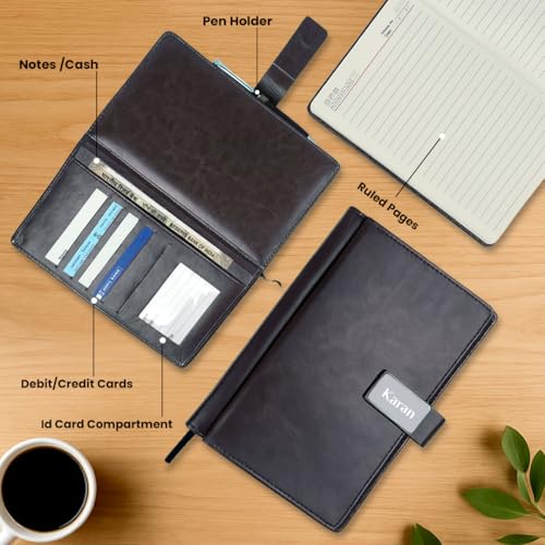 Image of Giftana Personalized Notebook Diary with Pen Gift Set for Men and Women, 2 in 1 Customized Office Diaries A5 Size Notebook, Diwali Gifts, Personalised New Year Corporate Gifts for Employees (Black 1)
