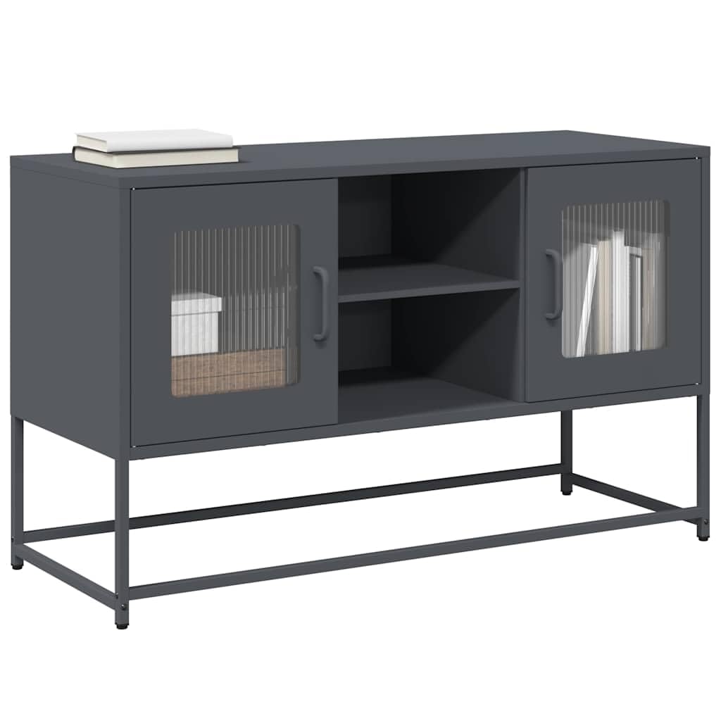 Mueble de TV con soporte de pared antivuelco: Mueble de TV industrial de acero laminado en frío y banco de TV estable con dos opciones de montaje en antracita