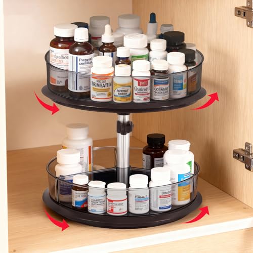 2 Tier Medicine Cabinet Organizer Rotary Turntable Organizer for Medicine and Vitamin Bottles Under Sink Organizer for Medicine Bathroom Cabinet Storage Tray has Removable Dividers Easy Assembly
