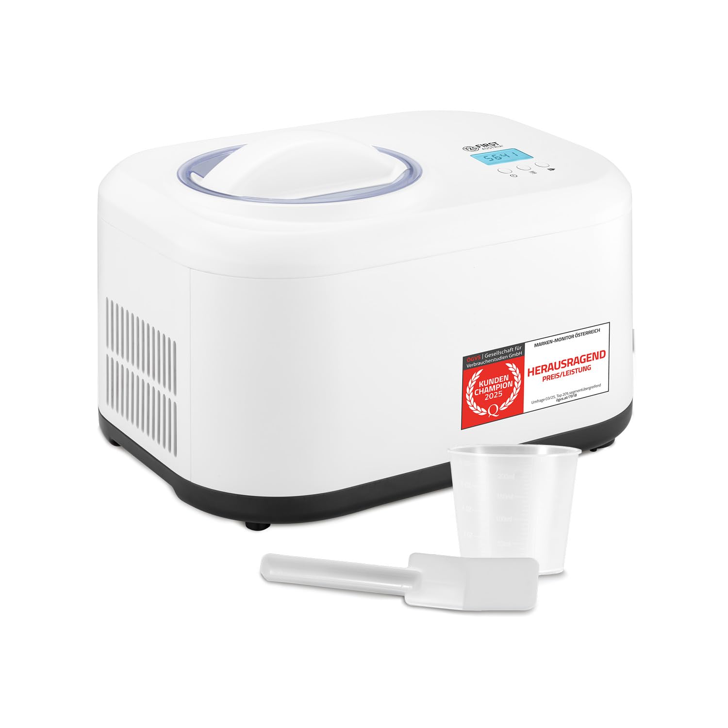 TZS First Austria - Eismaschine 1L mit Kompressor 3 in 1 - Ice Cream Maker 100W selbstkühlend für Frozen Joghurt, Sorbet & Eiscreme - Kleine Speiseeismaschine inkl. Messbecher & Spatel - Weiß