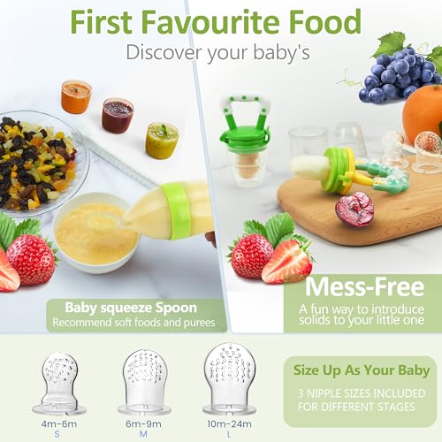 WAJIAYON Baby Fruit Feeder Pacifier - 5 Pack | 2 Infant Food Feeder Pacifier & 1 Baby Food Dispensing Spoon | Fresh Fruit Teethers for Babies | Shower Gifts for Boys and Girls (Green&Yellow)