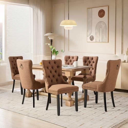 SoarFlash chaises de Salle à Manger en Lin, avec Dossier capitonné, Clous de Finition, Anneau décoratif sur Le Dos et Pieds en Bois, Lot de 6, Marron