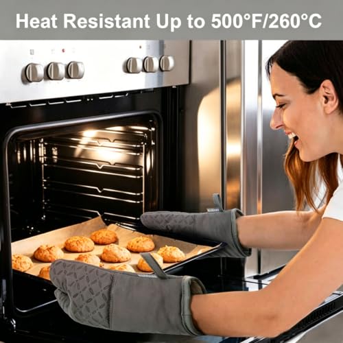 Image of KEGOUU Oven Mitts and Pot Holders 6pcs Set, Kitchen Oven Glove High Heat Resistant 500 Degree Extra Long Oven Mitts and Potholder with Non-Slip Silicone Surface for Cooking (Grey)