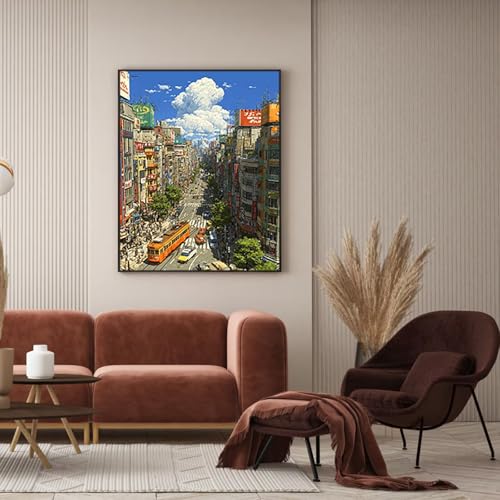 Malen Nach Zahlen Erwachsene StraßEnansicht, Malen Nach Zahlen für Zimmer Deko, DIY Basteln Erwachsene Leinwand Kit, Cloud Paint by Numbers Kits Mit Pinseln und Acrylfarbe, Geschenke, 60x90cm N-6167